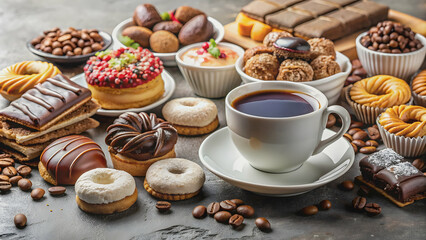 Fototapeta premium Delicious assortment of sweets and coffee on kitchen counter, sweets, coffee, dessert, pastries, bakery, indulgence