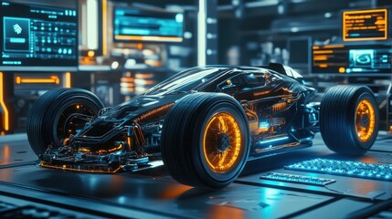 Digital visualization of 3D modern car design development technology and conceptualization background wallpaper AI generated image