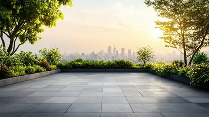 Empty Rooftop Patio Overlooking a Cityscape at Sunset