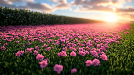 manicured lawn bordered by lush flowerbeds, basking in bright sunlight. The greenery and colorful blossoms create a peaceful, inviting atmosphere, embodying serenity and natural beauty