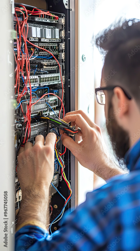 Poster a technician is setting up home network for customer, carefully connecting wires and ensuring everyt