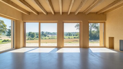 Obraz premium Empty room with wooden beams ceiling, large windows and view on the countryside.