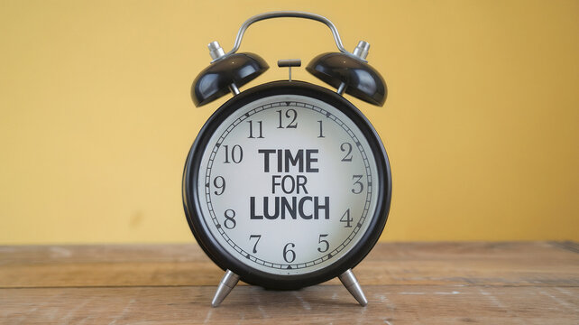 An alarm clock with "Time for Lunch" text in middle of it on a yellow background. break for eating, office reminder concept.