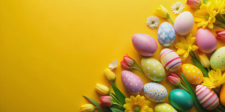 Easter eggs and flowers on yellow background with space for text, spring, holiday, celebration, pastel, colorful, festive