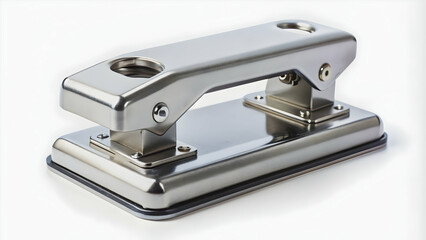 A close-up shot of a metal hole puncher on a white background , office supplies, punch, equipment, tool, hole, metal