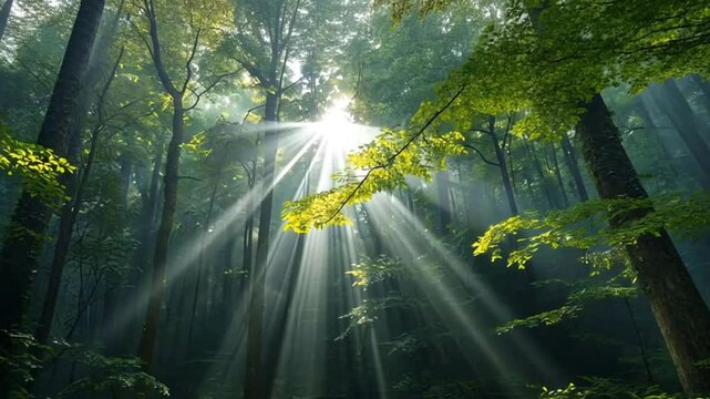 Beautiful magical sunrise in the forest. The sun's rays break through the trees in the fog. The mystical nature of the rainforest.