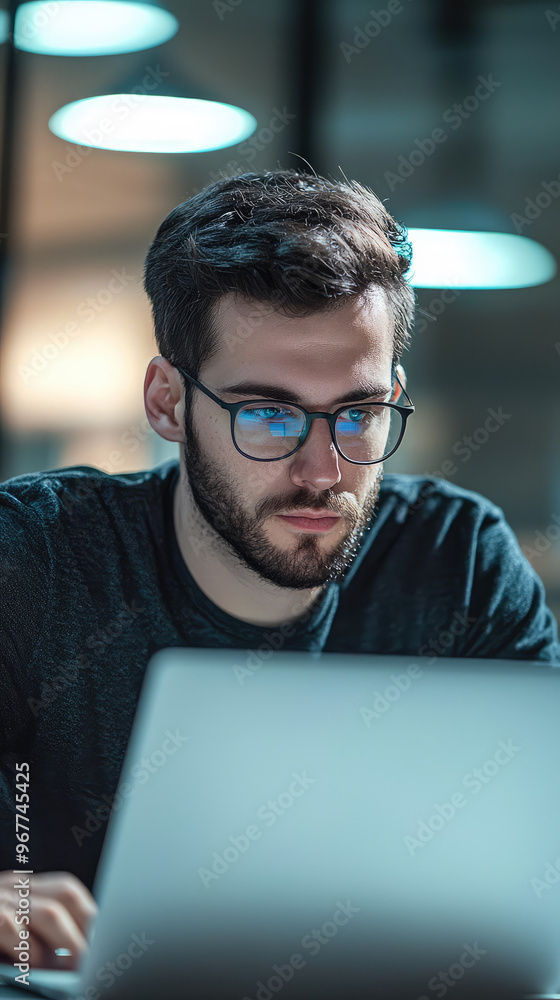 Poster a technician using laptop to troubleshoot software issues, focused and determined in modern workspac