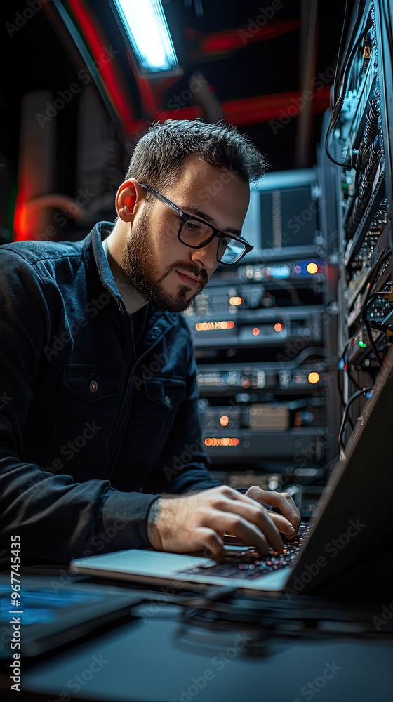 Poster a technician using laptop to troubleshoot software in server room, surrounded by equipment and cable