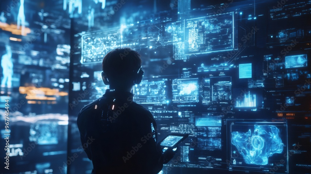 Poster a silhouetted person stands in front of a large screen displaying a futuristic, blue, holographic in