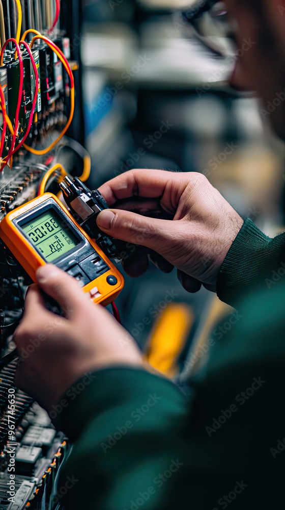 Poster a technician is using multimeter to test electrical circuits, showcasing precision and focus in tech