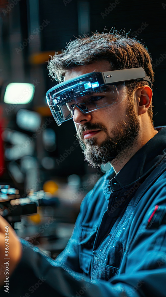 Poster a technician using augmented reality glasses for repair work, showcasing advanced technology in work