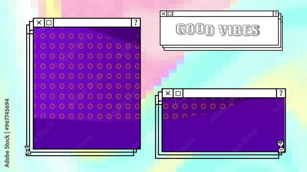Poster animation of colourful shapes moving over good vibes text