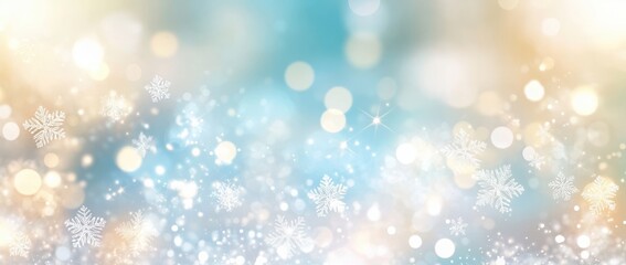 Abstract background with snowflakes and bokeh lights. Winter Christmas pastel blue banner. Space for text. Vector illustration.