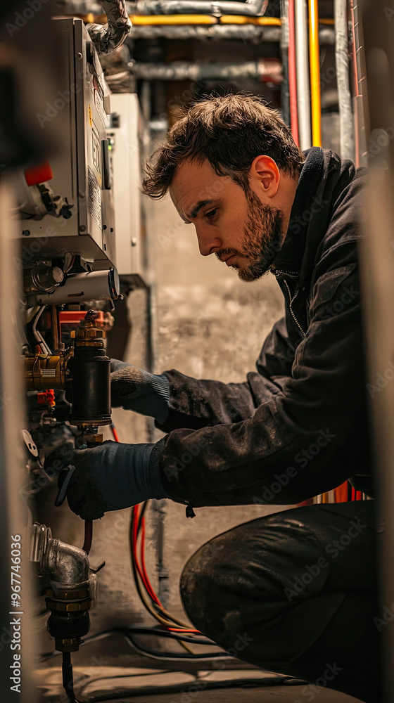 Poster a technician working on heating system in basement, focused and diligent in his task. environment is
