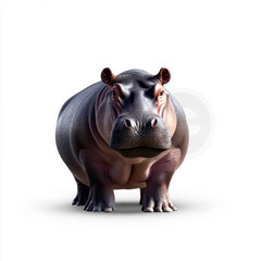 A detailed front-facing view of a hippo standing on a white background, emphasizing its large, robust body and features.