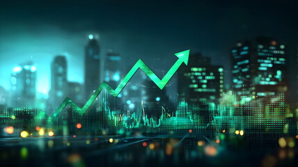 An upward-trending financial graph with an arrow pointing upwards, indicating stock market growth on the background of a digital screen displaying a global business and cityscape