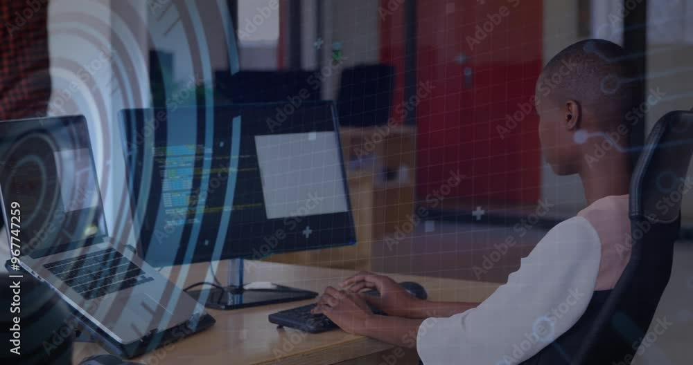 Poster Animation of data processing and scope scanning over biracial businesswoman using computer