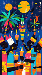 A vibrant depiction of Kwanzaa celebration featuring colorful figures holding candles and celebrating under starry night sky. joyful atmosphere is enhanced by bright colors and festive elements