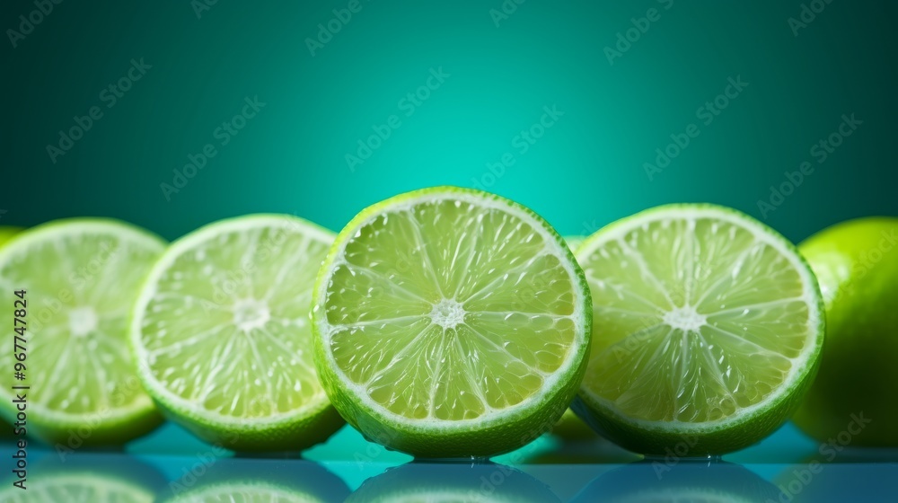 Poster freshly sliced limes arranged on a reflective surface against a colorful backdrop