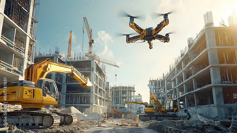 Aufkleber futuristic construction site with advanced robotic machinery and drones assembling high-tech