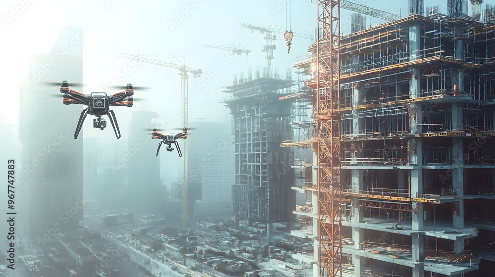 Poster futuristic construction site with robotic machinery and drones assembling innovative high-tech