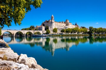 A painter setting up an easel by the riverbank, capturing the reflection of the Pont d'Avignon and the Palais des Papes in the water