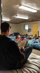 Fototapeta premium A volunteer reading to children in shelter creates warm and nurturing atmosphere. children are engaged and attentive, fostering sense of community and support