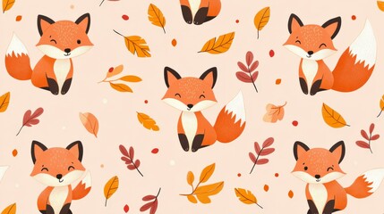 Seamless Kawaii Animal Pattern with Autumn Leaves on Pink Background