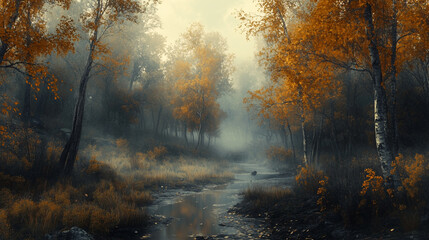 Fototapeta premium A serene autumn landscape featuring misty forest with vibrant orange foliage and gentle stream flowing through. tranquil atmosphere evokes sense of peace and reflection.