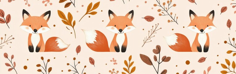 Fototapeta premium Seamless Kawaii Animal Pattern with Autumn Leaves on Pink Background