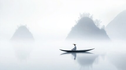 Fototapeta premium Minimalist Ultra High Definition Image of a Boatman Wearing a Bamboo Hat on a Flat Boat. The Scene Features a Silver Gray Background with High Saturation, Large Areas of White Space and Reflection