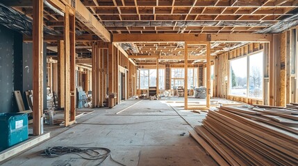 Fototapeta premium Unfinished Interior with Exposed Structural Elements Showcasing the Work in Progress