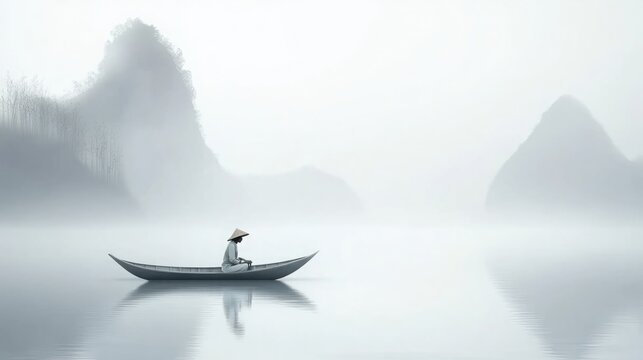 Minimalist Ultra High Definition Image of a Boatman Wearing a Bamboo Hat on a Flat Boat. The Scene Features a Silver Gray Background with High Saturation, Large Areas of White Space and Reflection