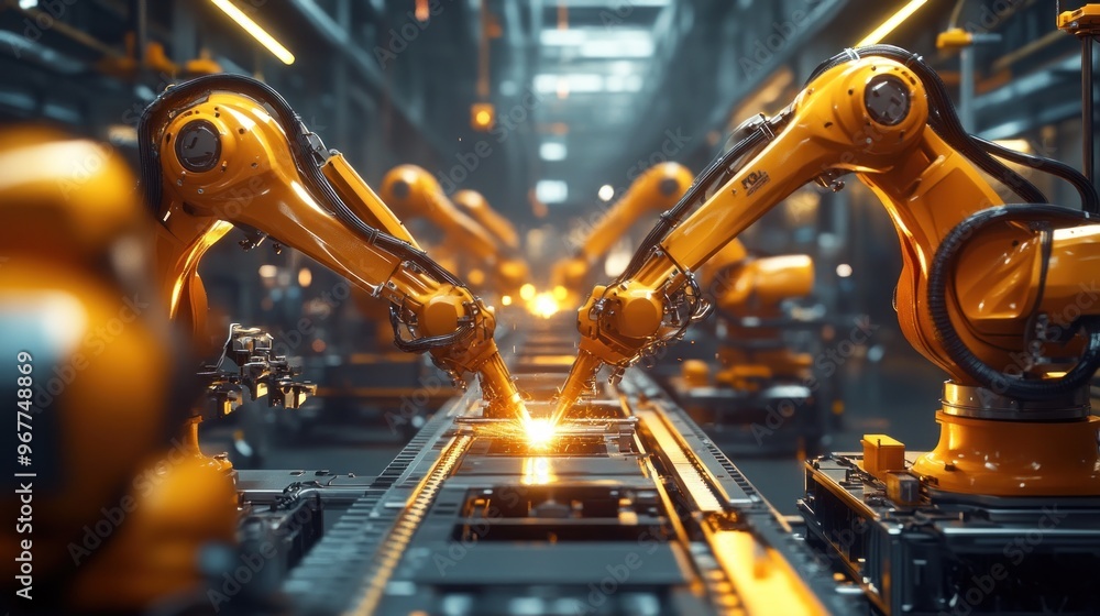 Poster car factory with assembly process using modern technology automatic robots hands background wallpape