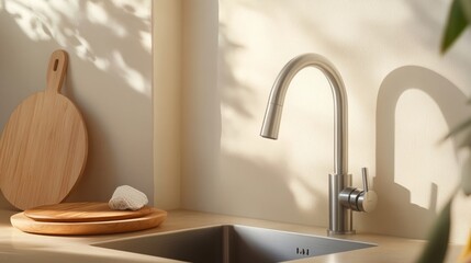 Award-Winning Product Photography of a Moen Kitchen Faucet with Curved Handle, Wooden Plate, and Stainless Steel Sink Against a Beige Wall. The Image Utilizes Soft Lighting and Natural