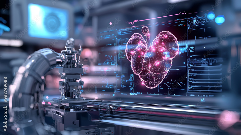 Poster advanced technology in healthcare settings showcases futuristic heart visualization, emphasizing inn