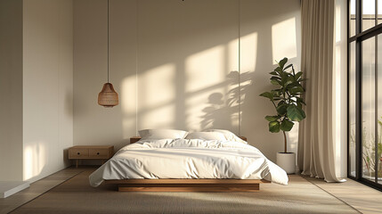 A serene bedroom featuring wooden bed with white bedding, stylish pendant light, and lush indoor plant. soft sunlight creates calming atmosphere, perfect for relaxation.