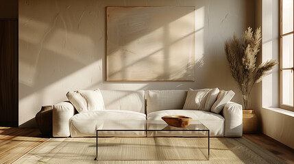 A modern living room featuring stylish white sofa, wooden coffee table, and decorative plants. warm sunlight creates cozy atmosphere, enhancing elegant design.
