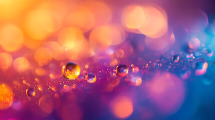 Dewdrops glistening in vibrant hues during a tranquil morning light, creating a mesmerizing, colorful backdrop for nature lovers