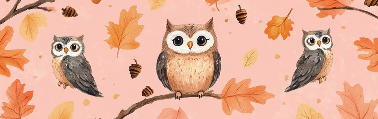 Fototapeta premium Seamless Kawaii Animal Pattern with Autumn Leaves on Pink Background