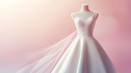 Elegant female wedding dress displayed on mannequin, featuring intricate lace details and flowing train, set against soft pastel background. dress exudes romantic and dreamy atmosphere
