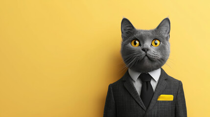 A professional looking cat in business suit stands confidently against bright yellow background, exuding charm and sophistication