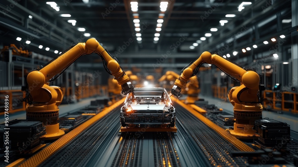 Poster car factory with assembly process using modern technology automatic robots hands background wallpape