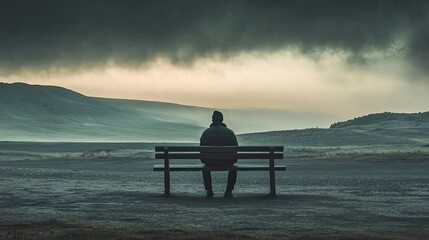 Obraz premium A Solitary Figure on a Bench Gazing at a Misty Landscape