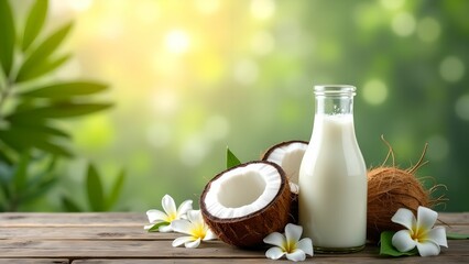 Coconut and coconut milk on blurred background healthy food concept