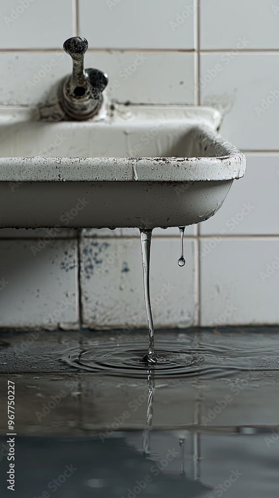 Poster dripping water from broken sink creates somber atmosphere, pooling on floor beneath. scene captures 