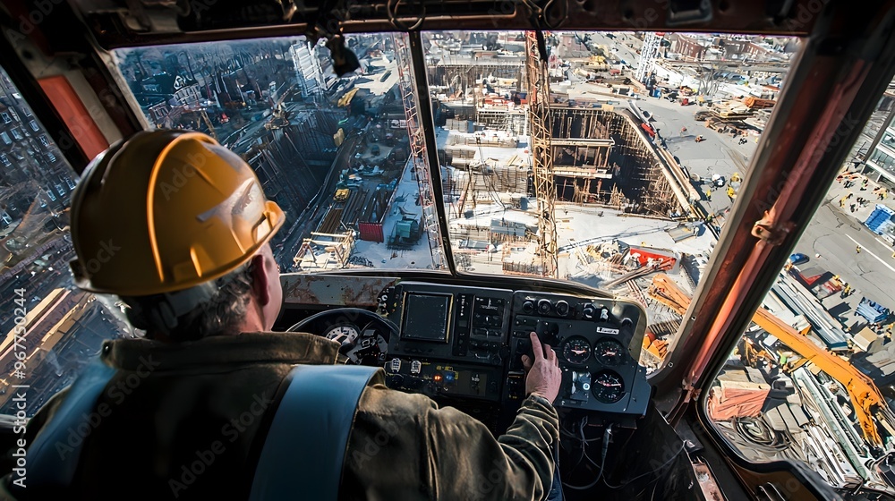 Poster crane operator's commanding view of construction site from cabin perspective