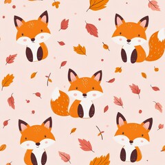 Seamless Kawaii Animal Pattern with Autumn Leaves on Pink Background