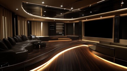 Modern home theater with black leather couch, wood floor, and a large screen.