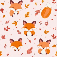 Seamless Kawaii Animal Pattern with Autumn Leaves on Pink Background